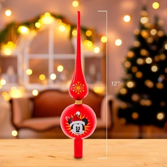 12” Red Mickey Mouse Holiday Christmas Tree Topper Glass Kurt Adler - Picture 2 of 3